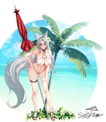  absurdres animal_ear_fluff animal_ears armpits bare_arms bare_legs bare_shoulders beach_umbrella bikini black_choker blue_sky blush breasts choker cleavage closed_mouth cloud collarbone commentary commentary_request day eun_soyeon_(lustyfox) female flower fox_ears fox_girl fox_tail full_body groin hair_between_eyes hair_flower hair_ornament halterneck hand_on_own_hip hand_on_own_thigh high_heels highres korean_commentary large_breasts large_tail leaning_forward long_hair looking_at_viewer mole mole_on_thigh navel o-ring o-ring_bikini original outdoors parted_bangs second-party_source skindentation sky smile solar_(happymonk) solo standing stomach string_bikini swimsuit tail thigh_strap thighs umbrella very_long_hair white_bikini white_hair yellow_eyes 