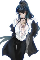  absurdres black_choker black_hair black_jacket black_pants breasts choker cleavage closed_mouth earrings esticss feet_out_of_frame female high_ponytail highres hoop_earrings jacket jewelry long_hair long_sleeves pants path_to_nowhere ponytail rahu_(path_to_nowhere) scar scar_across_eye shirt simple_background solo white_background white_shirt 