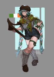  2024 black_sclera blue_eyes blue_hair braid choker colored_sclera commentary dated female full_body hair_between_eyes hat hatsune_miku highres irish_flag long_hair shorts smile solo thesweetesttart_(wyrmforge) thick_eyebrows thigh_strap twin_braids very_long_hair vocaloid 