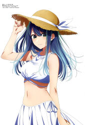  absurdres arm_up bare_shoulders bikini bikini_skirt bikini_top_only blue_eyes blue_hair female hat highres kurokawa_akane long_hair looking_at_viewer magazine_scan megami_magazine midriff navel official_art oshi_no_ko scan simple_background skirt smile sun_hat swimsuit white_skirt 