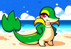  ai_generated ambiguous_gender anthro beach clothing cloud cute_fangs detailed_background feral generation_5_pokemon green_body green_skin hellsonger hi_res nintendo outside pokemon pokemon_(species) red_eyes reptile sand scalie sea seaside sky smile snivy solo star water 