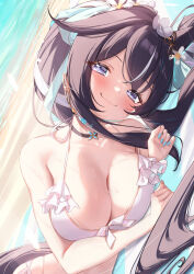  animal_ears beadch black_hair blush breasts cleavage closed_mouth collarbone female hair_between_eyes hair_ornament highres horse_ears horse_girl horse_tail long_hair looking_at_viewer medium_breasts ocean purple_eyes saboten_mushi solo swimsuit tail umamusume vivlos_(umamusume) wet 