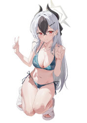  absurdres bare_shoulders bikini bikini_top_pull black_hair black_horns blue_archive blush closed_mouth collarbone commentary_request demon_girl demon_horns female grey_bikini grey_halo hair_between_eyes halo hands_up hendiamond highres horns kayoko_(blue_archive) long_hair looking_at_viewer multicolored_hair navel red_eyes side-tie_bikini_bottom simple_background smile solo squatting stomach streaked_hair swimsuit v white_background white_footwear white_hair 