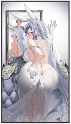  1boy \||/ absurdres animal_ears ass azur_lane backless_dress backless_outfit bare_shoulders bent_over black_hair black_jacket black_necktie blue_hair blush bouquet breasts bridal_veil cleavage come_hither different_reflection dress faceless female from_behind full-face_blush gloves grey_eyes hair_ornament hand_up highres implied_sex indoors jacket jesh_art large_breasts leaning_forward legs_together long_hair looking_at_viewer looking_back mirror necktie new_jersey_(azur_lane) new_jersey_(snow-white_ceremony)_(azur_lane) official_alternate_costume panties rabbit_ears rabbit_girl reflection signature sparkle standing star_(symbol) star_hair_ornament thigh_gap thighs underwear veil wedding_dress white_dress white_gloves white_panties 