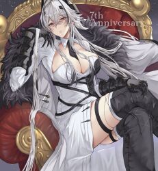  azur_lane between_breasts black_gloves black_hair black_necktie boots breasts cleavage coat crossed_legs feet_out_of_frame female fur_trim gloves hair_between_eyes highres knee_boots kursk_(azur_lane) large_breasts long_hair looking_at_viewer multicolored_hair necktie necktie_between_breasts negitanshio red_eyes sitting solo streaked_hair very_long_hair white_coat white_hair 