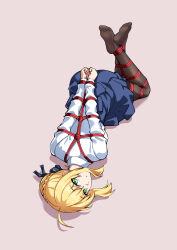  absurdres arms_behind_back artoria_pendragon_(fate) barefoot blonde_hair blue_ribbon blue_skirt bondage bondage bondage bound commentary english_commentary fate/grand_order fate_(series) hair_ribbon highres looking_at_viewer pleated_skirt restrained ribbon saber_(fate) shibari_over_clothes skirt t_zhonglang tied_up_(nonsexual) 