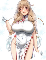  absurdres alternate_breast_size alternate_costume braid breasts brown_eyes china_dress chinese_clothes cloud_hair_ornament covered_navel dress female floral_print_dress gloves gradient_hair grey_hair highres huge_breasts kantai_collection light_brown_hair long_hair looking_at_viewer low_twin_braids minegumo_(kancolle) multicolored_hair one_eye_closed open_mouth pelvic_curtain print_dress shigatsu_(soratobuusagi) side_slit solo twin_braids very_long_hair white_dress white_gloves 