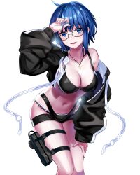  absurdres bikini black_bikini black_jacket blue_eyes blue_hair breasts c.i.e.l_(fate) ciel_(tsukihime) cleavage commentary cropped_jacket cross cross_necklace fate/grand_order fate_(series) female glasses gyoza_(pi512126) hand_on_own_thigh highres jacket jewelry large_breasts leaning_forward looking_at_viewer medium_hair necklace open_clothes open_jacket smile solo standing swimsuit tsukihime white_background 