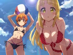  2girls :o armpits asymmetrical_bangs ball bang_dream! beachball bent_over bikini black_bikini blonde_hair blush breasts cleavage cowboy_shot day earrings frilled_bikini frills from_below highres jewelry kitazawa_hagumi layered_bikini leaning_forward lens_flare long_hair looking_at_viewer medium_breasts multiple_girls orange_eyes orange_hair outdoors polka_dot polka_dot_bikini polka_dot_swimsuit red_bikini short_hair side-tie_bikini_bottom sidelocks sky small_breasts standing swimsuit thong tsurumaki_kokoro yazawa_happyaro yellow_eyes 