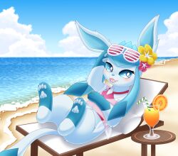  accessory ambiguous_gender beach beach_style_glaceon blue_body blue_eyes blue_fur blush clothed clothing cloud eeveelution eyewear eyewear_on_head feet feral fluffy_hinu fur generation_4_pokemon glaceon hair_accessory hi_res holowear_(pokemon) juice nintendo pawpads paws pokemon pokemon_(species) pokemon_unite quadruped seaside solo sunglasses sunglasses_on_head tail 