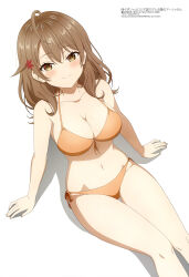  absurdres ahoge bare_shoulders bikini blush breasts brown_eyes brown_hair cleavage female highres long_hair looking_at_viewer looking_up magazine_scan mariya_mikhailovna_kujou megami_magazine midriff navel official_art scan side-tie_bikini_bottom simple_background sitting smile swimsuit thighs tokidoki_bosotto_roshia-go_de_dereru_tonari_no_alya-san white_background 