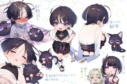  1boy 2girls aged_down animal bed black_cat black_hair blush breasts cleavage closed_eyes crying feline genshin_impact hair_ornament highres japanese_clothes lolicon ma_d_k_89 male_focus messy_hair mole mole_under_eye multiple_girls multiple_views nahida_(genshin_impact) nose_blush open_mouth person_and_animalization purple_eyes raiden_shogun scaramouche_(cat)_(genshin_impact) scaramouche_(genshin_impact) sick signature simple_background sitting sleeping sleeveless solo_focus tears translation_request under_covers white_background 