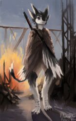  2023 4_ears 5:8 anthro artist_name avali avian biped bird black_body black_claws black_feathers black_fur black_sclera burning_building calm cape cape_only claws clothed clothing construction_site cool_guys_don&#039;t_look_at_explosions countershade_face countershade_torso countershading digital_media_(artwork) explosion feathers feet fire fluffy front_view full-length_portrait fur fyr_(fenrir784) gun herm_(lore) hi_res hilyasp intersex_(lore) laser_gun looking_away male maleherm_(lore) mostly_nude multi_ear portrait purple_eyes ranged_weapon rifle solo tail toes topwear walking walking_away walking_towards_viewer weapon white_body white_feathers winged_arms wings 