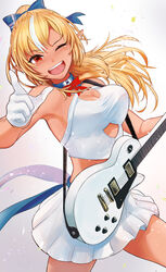  ;d absurdres bako_tsu blonde_hair blue_bow blush bow bowtie breasts cleavage cleavage_cutout clothing_cutout commentary_request cowboy_shot criss-cross_halter crop_top cropped_shirt cutout_above_navel dark-skinned_female dark_skin detached_collar electric_guitar elf female gibson_les_paul gloves guitar hairbow half_gloves halter_shirt halterneck high_ponytail highres holding holding_guitar holding_instrument hololive instrument large_breasts long_hair looking_at_viewer miniskirt multicolored_hair no_detached_sleeves one_eye_closed open_mouth pleated_skirt pointing pointing_at_viewer pointy_ears red_bow red_bowtie red_eyes shiranui_flare shiranui_flare_(1st_costume) shirt skirt smile solo streaked_hair virtual_youtuber white_gloves white_shirt white_skirt 