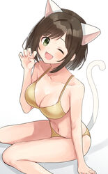  ;d animal_ears bare_legs bare_shoulders bikini blush breasts brown_hair cat_ears cat_tail claw_pose cleavage collarbone female gold_bikini green_eyes highres idolmaster idolmaster_cinderella_girls looking_at_viewer maekawa_miku medium_breasts navel oerba_yun_fang one_eye_closed short_hair sitting smile solo swimsuit tail tori_ririisu 