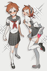  &gt;_&lt; 1boy absurdres ahoge alternate_costume apron back_bow bare_arms black_dress black_footwear black_hairband black_sailor_collar black_skirt black_wrist_cuffs blush bow brown_eyes bsgkstnals03 censored center_frills collarbone collared_shirt commentary cosplay crossdressing crying danganronpa_(series) danganronpa_another dress embarrassed enmaided footwear_bow frilled_apron frilled_dress frilled_hairband frilled_sleeves frilled_thighhighs frills frown furrowed_brow grey_background hair_ribbon hairband hand_on_own_chest heart heart_censor highres kneehighs maeda_yuki maid male_focus mary_janes miniskirt multiple_views neckerchief nervous_sweating open_mouth orange_hair parted_lips plaid plaid_sailor_collar plaid_skirt pleated_skirt puffy_short_sleeves puffy_sleeves red_bow red_neckerchief red_ribbon ribbon sailor_collar school_uniform serafuku shirt shoes short_dress short_hair short_sleeves simple_background skirt socks sora_(super_danganronpa_another_2) sora_(super_danganronpa_another_2)_(cosplay) sparkle super_danganronpa_another_2 sweat taira_akane taira_akane_(cosplay) teardrop teeth thighhighs upper_teeth_only waist_apron white_apron white_bow white_shirt white_sleeves white_socks white_thighhighs wrist_cuffs 