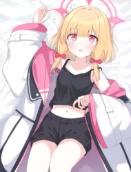  black_camisole black_shorts blonde_hair blue_archive blush bow breasts camisole clothes_pull coat female hair_between_eyes hairbow halo highres jacket jacket_pull looking_at_viewer lying medium_hair midriff momoi_(blue_archive) navel off_shoulder on_back on_bed open_clothes open_coat open_mouth pink_bow pink_eyes pink_halo preste short_shorts shorts small_breasts solo white_coat wide_sleeves 