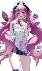  ahoge belt blush evil_eye_(sound_voltex) female grace_(sound_voltex) hair_ornament halo heart heart_hands highres horns long_hair madproject6 print_shirt purple_eyes purple_hair shirt short_sleeves solo sound_voltex t-shirt teeth thighs twintails upper_teeth_only very_long_hair 