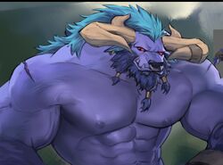  2_horns abs alistar_(lol) anthro beard blue_hair bovid bovine dopq european_mythology facial_hair greek_mythology hair hi_res horn league_of_legends male mammal minotaur muscular muscular_anthro muscular_male mythology nipples pecs purple_body red_eyes riot_games solo tencent vein veiny_muscles 