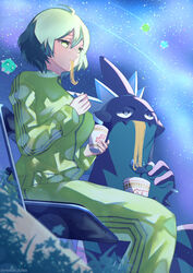  ahoge black_eyes breasts casual chair crossover cup disposable_cup eating female folding_chair food fork gogat8 green_hair green_track_suit half-closed_eyes highres hikage_(senran_kagura) jacket large_breasts minior minior_(blue_core) minior_(core) minior_(green_core) night night_sky nissin_cup_noodle noodles pants pokemon pokemon_(creature) ramen senran_kagura senran_kagura_shoujo-tachi_no_shin&#039;ei shooting_star short_hair sitting sky slit_pupils star_(sky) star_(symbol) starry_sky toxtricity toxtricity_(low_key) track_jacket track_pants track_suit yellow_eyes 