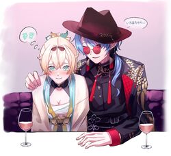  2girls @_@ a_rufu85 black_shirt blonde_hair blue_eyes blue_hair blush breasts chest_sarashi closed_mouth collared_shirt fedora glasses gold_trim hat hololive hoshimachi_suisei hoshimachi_suisei_(oriental_suit) japanese_clothes kazama_iroha kazama_iroha_(1st_costume) kimono long_hair long_sleeves multiple_girls parted_lips red-tinted_eyewear sarashi shirt sitting tinted_eyewear translated virtual_youtuber white_kimono yuri 