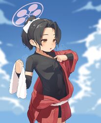  bbatne black_hair blue_archive blue_sky blush breasts brown_eyes cloud covered_navel detached_sleeves female halo heavy_breathing highres open_mouth outdoors ponytail red_haori rickshaw_student_(blue_archive) sky small_breasts solo sweat towel undershirt white_towel 