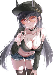  absurdres alternate_costume arm_warmers azur_lane black_bra black_choker black_hair black_hat black_shirt black_thighhighs bra breasts candy choker classic_(zildjian33) cleavage commentary_request denim denim_shorts female food grey_shorts hand_on_own_knee hat highres holding holding_candy holding_food holding_lollipop horns jewelry large_breasts lollipop looking_at_viewer midriff navel necklace noshiro_(azur_lane) noshiro_(dressed-up_date)_(azur_lane) open_fly open_mouth orange-tinted_eyewear paid_reward_available shirt short_shorts shorts simple_background single_bare_shoulder single_off_shoulder solo stomach thighhighs tinted_eyewear tongue tongue_out underwear white_background 