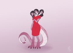  2022 3_heads anthro barefoot black_hair breasts clothed clothing digital_media_(artwork) digitigrade dress european_mythology feet female greek_mythology green_eyes hair hydra multi_head mythology open_mouth pink_body pink_scales red_clothing red_dress scales scalie sepisnake simple_background smile solo standing tail 