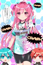  ahoge black_shorts blush breasts female fingerless_gloves gameplay_mechanics gloves hair_ornament highres large_breasts long_hair pink_eyes pink_hair print_shirt rasis reaching reaching_towards_viewer shirt short_sleeves shorts smile smith_poplin solo sound_voltex speech_bubble t-shirt thighs translation_request tsumabuki_left tsumabuki_right 