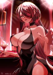  alcohol alternate_hair_length alternate_hairstyle breasts cup dress drinking_glass female highres jishaku_(mag_315) licking_lips meiko_(vocaloid) one_eye_covered red_dress red_eyes red_hair solo tongue tongue_out vocaloid wine_glass 