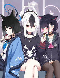  3girls absurdres animal_ears blue_archive candy cat_ears cat_girl chocolate chocolate_bar crossed_legs demon_girl demon_horns extra_ears feeding food girl_sandwich halo highres holding holding_chocolate holding_food hood hoodie horns kayoko_(blue_archive) kazusa_(blue_archive) kikyou_(blue_archive) multiple_girls pantyhose sandwiched school_uniform shiroiurushi short_hair yuri 