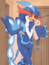  3:4 absurd_res after_shower ambiguous_gender anthro avian_butt beak biped blue_body blue_eyes blue_feathers colored feathers game_freak generation_9_pokemon hi_res kajinchu nintendo open_beak open_mouth pokemon pokemon_(species) quaquaval shizuku_(kajinchu) solo towel towel_on_shoulder white_body 