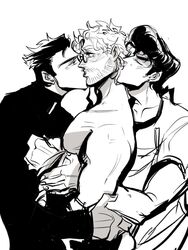  3boys bara black_hair diamond_is_unbreakable dilf father_and_son gay glasses grandfather_and_grandson incest jojo&#039;s_bizarre_adventure joseph_joestar josuke_higashikata jotaro_kujo kissing kissing_head magojiji monochrome old_joseph older_man_and_younger_boy pompadour smaller_on_top undressing viiiola_beet yaoi younger_dom_older_sub younger_male 