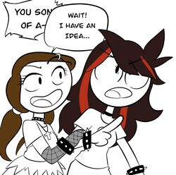  2girls angry brown_hair choker clothed clothes eyelashes fishnet_armwear jaiden jaiden_animations jaidenanimations joshin let_me_explain_studios necklace piercing piercings pigtails rebecca_parham shirt skirt smiling stickman stickmans streaked_hair text youtube youtuber 