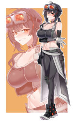  absurdres ahoge bare_shoulders black_hair breasts cleavage dogs_(dlrkdejr26) female gloves goggles goggles_on_head grace_howard hair_between_eyes highres large_breasts looking_at_viewer navel orange_eyes solo zenless_zone_zero 