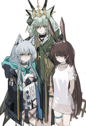  3girls absurdres amiya_(arknights) animal_ear_fluff animal_ears arknights arms_behind_back black_gloves black_jacket blue_eyes brown_hair cat_ears cat_girl closed_mouth crown dress extra_ears feet_out_of_frame fingerless_gloves gloves green_dress green_eyes green_hair grey_hair hair_between_eyes hair_ornament highres hood hood_down hooded_coat jacket jewelry kal&#039;tsit_(arknights) long_hair long_sleeves looking_at_viewer multiple_girls neck_ring open_clothes open_jacket rabbit_ears rabbit_girl ring rosmontis_(arknights) shirt short_hair smile whate=3r white_dress white_shirt 