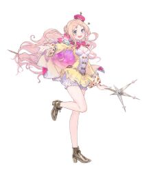  :d arched_crown atelier_(series) atelier_meruru blonde_hair bloomers blue_eyes bow breasts brown_footwear cleavage crown dress female full_body half_updo high_heels holding holding_staff long_hair long_sleeves looking_at_viewer merurulince_rede_arls nelke_to_densetsu_no_renkinjutsushi_tachi noco_(adamas) official_art open_mouth second-party_source shoes simple_background small_breasts smile solo staff standing standing_on_one_leg tilted_headwear white_background white_bloomers yellow_dress 