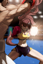  1boy absurdres animal_ears black_hair blurry blurry_background boxing boxing_gloves boxing_ring breasts brown_eyes brown_hair cleavage closed_mouth collar commentary cowboy_shot dog_ears dog_girl dog_tail failose female glowing glowing_eyes hair_ornament highres hololive imminent_punch indoors inugami_korone large_breasts long_hair midriff mixed-sex_combat muscular muscular_male official_alternate_costume ponytail punching purple_shorts red_collar shaded_face short_hair shorts sports_bra tail toned toned_female virtual_youtuber yellow_sports_bra 