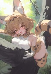  absurdres animal_ear_fluff animal_ears blonde_hair breasts female forest gloves highres kemono_friends large_breasts looking_at_viewer lying nature on_stomach open_mouth outdoors p00nipooni serval_(kemono_friends) serval_print short_hair thighhighs white_gloves yellow_eyes 