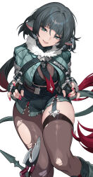  :d absurdres animal_ears aqua_eyes black_gloves black_hair black_shorts commentary feet_out_of_frame female fingerless_gloves garter_straps gloves grey_jacket highres jacket jane_doe_(zenless_zone_zero) long_hair long_sleeves looking_at_viewer nail_polish open_mouth pantyhose pantyhose_under_shorts red_nails short_shorts shorts simple_background sin_(btc86amme) single_leg_pantyhose single_thighhigh smile solo thighhighs torn_clothes torn_pantyhose torn_thighhighs very_long_hair white_background zenless_zone_zero 