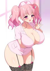  aikome_(haikome) blunt_bangs blush breasts curvy fellatio_gesture female garter_straps hair_ornament happy heart heart_hair_ornament highres huge_breasts lace lace-trimmed_legwear lace_trim nurse open_mouth original pink_eyes pink_hair smile thick_thighs thighhighs thighs twintails wide_hips 