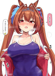  absurdres animal_ears breasts brown_hair cleavage collarbone commentary_request daiwa_scarlet_(umamusume) female gryebooks heavy_breathing highres horse_ears horse_girl jacket looking_at_viewer medium_breasts red_eyes school_swimsuit solo sweat swimsuit tiara tracen_swimsuit track_jacket translation_request umamusume white_background 