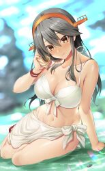  bikini black_hair blurry blurry_background breasts brown_eyes cleavage closed_mouth commission emanon123 female front-tie_bikini_top front-tie_top hair_between_eyes hair_ornament hairclip haruna_(2016_swimsuit_mode)_(kancolle) haruna_(kancolle) haruna_kai_ni_(kancolle) headgear highres holding_seashell kantai_collection large_breasts long_hair looking_at_viewer navel sarong skeb_commission smile solo swimsuit white_bikini white_sarong 