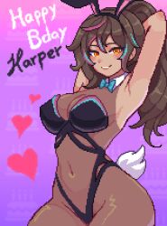  animal_ears aqua_hair armpits arms_up birthday_cake blue_bow blue_bowtie bow bowtie breasts brown_hair cake candle cowboy_shot detached_collar english_text fake_animal_ears fake_tail female food gradient_background hair_between_eyes happy_birthday heart highres indie_virtual_youtuber large_breasts long_hair looking_at_viewer multicolored_hair navel neon_harper neon_harper_(bunnysuit) pink_background pink_hair pixel_art ponytail rabbit_ears rabbit_tail solo streaked_hair tail virtual_youtuber yumykon 