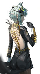  animal_ear_fluff animal_ears arknights backless_dress backless_outfit bare_back black_dress black_gloves cat_ears closed_mouth dress earrings extra_ears female from_back gloves gold green_eyes green_hair hair_ornament highres jewelry jineg kal&#039;tsit_(arknights) long_sleeves looking_at_viewer looking_back short_hair solo 