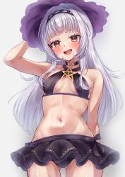  absurdres arm_up bikini bikini_skirt black_choker blush breasts choker female grey_hair hat highres hololive long_hair looking_at_viewer medium_breasts murasaki_shion murasaki_shion_(hololive_summer_2019) navel nyarurato0debu official_alternate_costume orange_eyes purple_bikini purple_hat purple_skirt skirt smile solo swimsuit teeth upper_teeth_only virtual_youtuber witch_hat 