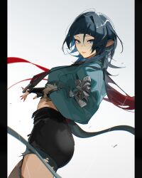  ass black_gloves black_hair black_shorts blue_eyes blue_jacket blunt_bangs commentary cowboy_shot crop_top female fingerless_gloves gloves highres ian_olympia jacket jane_doe_(zenless_zone_zero) long_sleeves midriff shorts solo standing zenless_zone_zero 