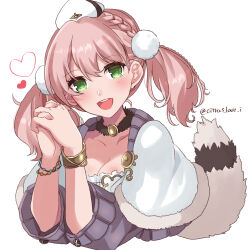  :d atelier_(series) atelier_escha_&amp;_logy blush bracelet braid breasts capelet choker cleavage commentary_request escha_malier female fur-trimmed_capelet fur_choker fur_trim green_eyes hands_up haruna_(citrus_love_i) hat heart highres interlocked_fingers jewelry long_hair looking_at_viewer medium_breasts open_mouth own_hands_together pink_hair pom_pom_(clothes) simple_background smile solo tail twintails upper_body white_background white_capelet white_hat 