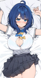  ahoge arms_up bed_sheet blue_bow blue_bowtie blue_bra blue_eyes blue_hair blush bow bowtie bra bra_peek breasts cleavage closed_mouth clothes_lift collared_shirt cowboy_shot female grey_skirt highres large_breasts lying make_heroine_ga_oo_sugiru! medium_hair on_back partially_unbuttoned pillow school_uniform shirt skirt skirt_lift solo summer_uniform thigh_gap underwear white_shirt yanami_anna yellow_bow yellow_bowtie yuxian_youka 