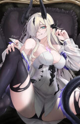  1other absurdres arknights bare_shoulders black_panties black_thighhighs blue_eyes breasts cleavage dragon_girl dragon_horns dragon_tail dress eblana_(arknights) female hair_over_one_eye highres horns jacket jewelry light_in_heart long_hair long_sleeves long_tail looking_at_viewer mildt multiple_rings no_shoes off_shoulder panties parted_lips ring see-through see-through_jacket shadow sitting smile spread_legs strapless strapless_dress tail thighhighs torn_clothes torn_thighhighs underwear white_dress white_hair white_jacket 